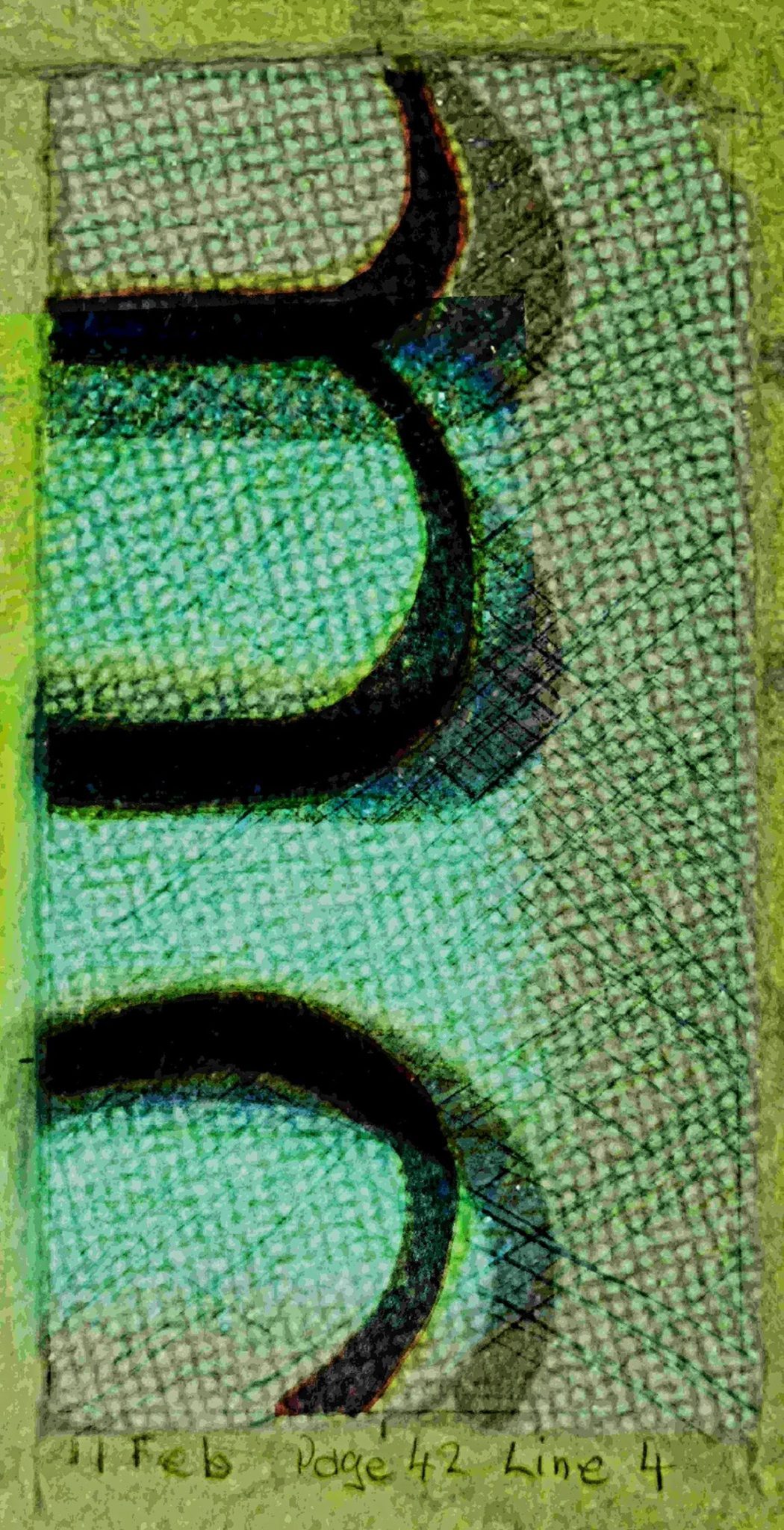 Digital collage containing:-   Watercolour on paper, 2 by 1 proportion, portrait. A painting of parts of the letters 