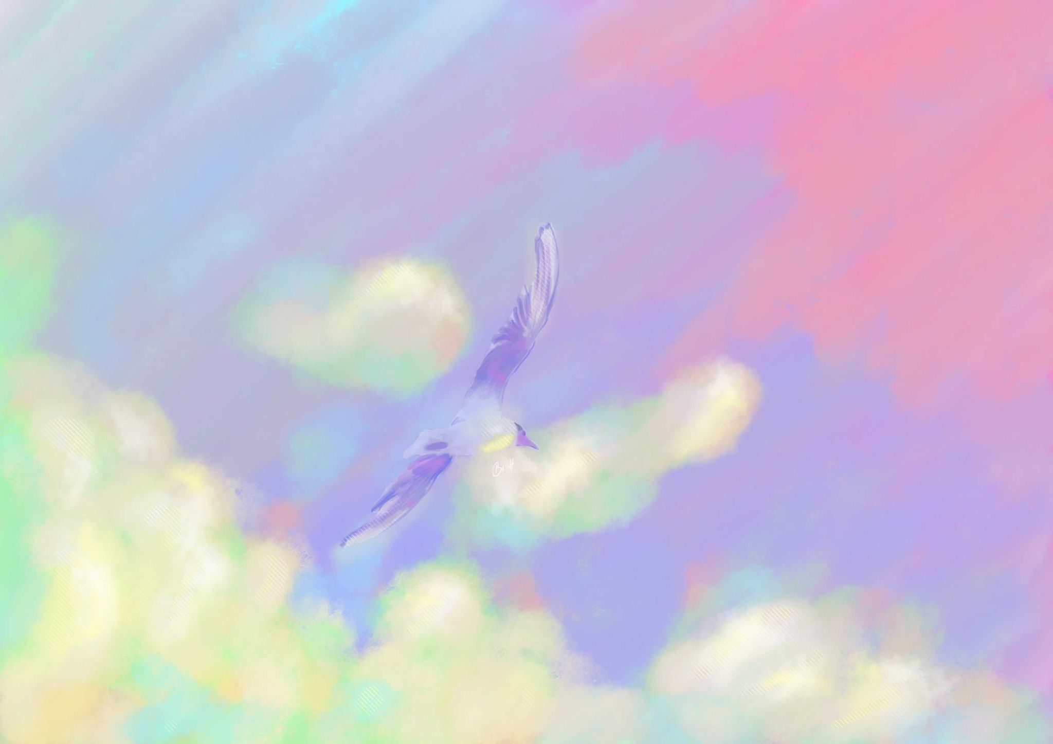 a digital drawing of a bird flying in the sky, light muted and pastel tones.