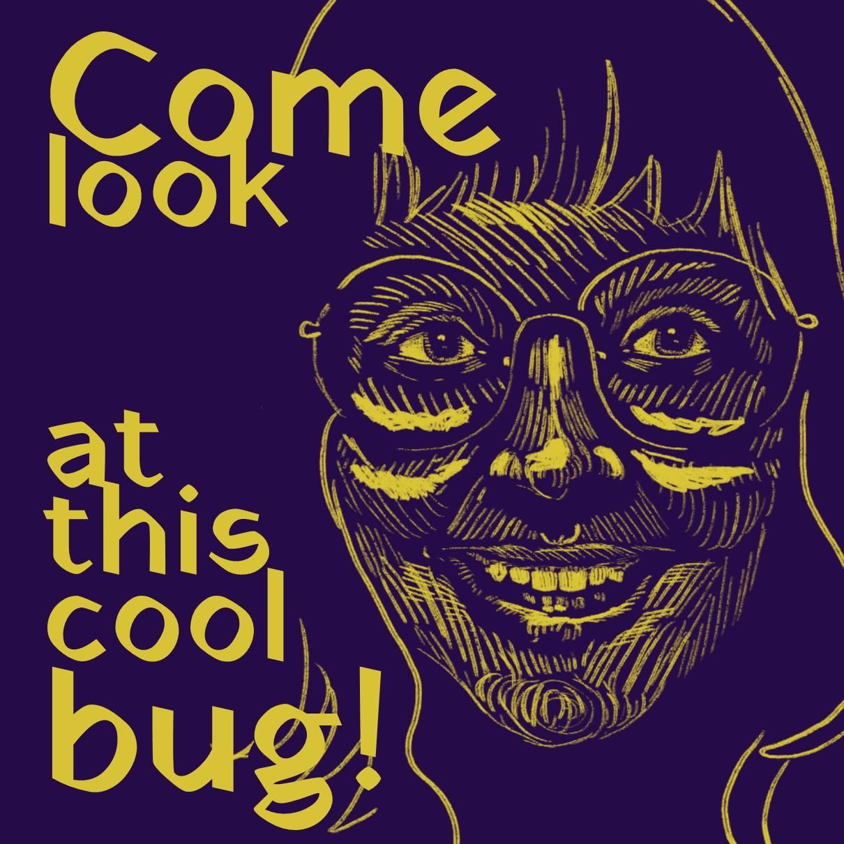 a self portrait in yellow and blue with text to the left saying 