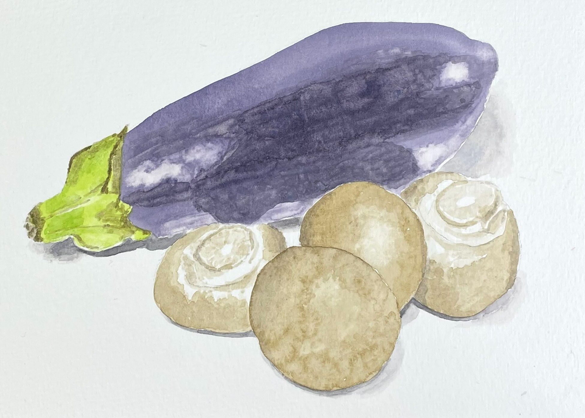 Watercolour sketch of an aubergine and some chestnut mushrooms