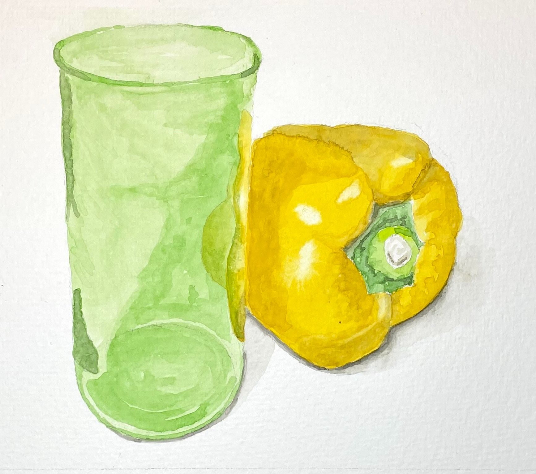 Watercolour sketch of a green glass and a yellow pepper
