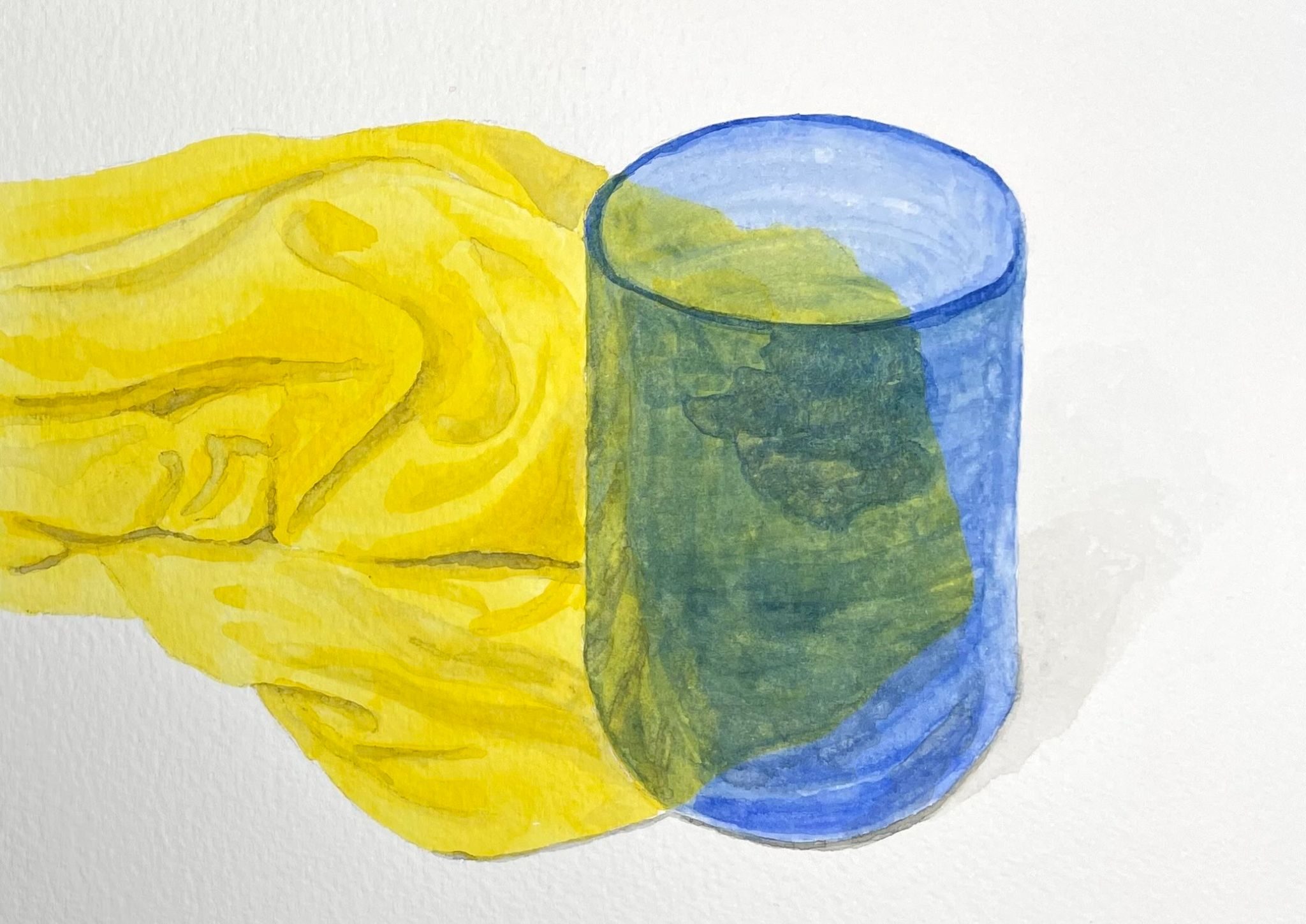 Watercolour sketch of a blue glass and yellow fabric