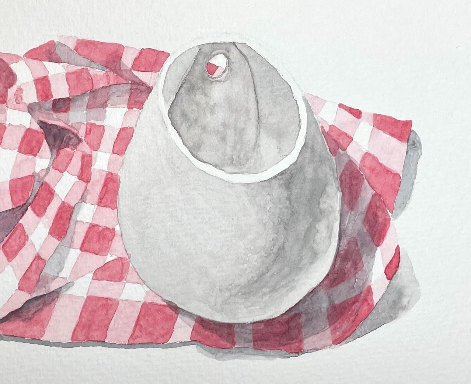 Watercolour sketch of a white ceramic pot sitting on red checked fabric