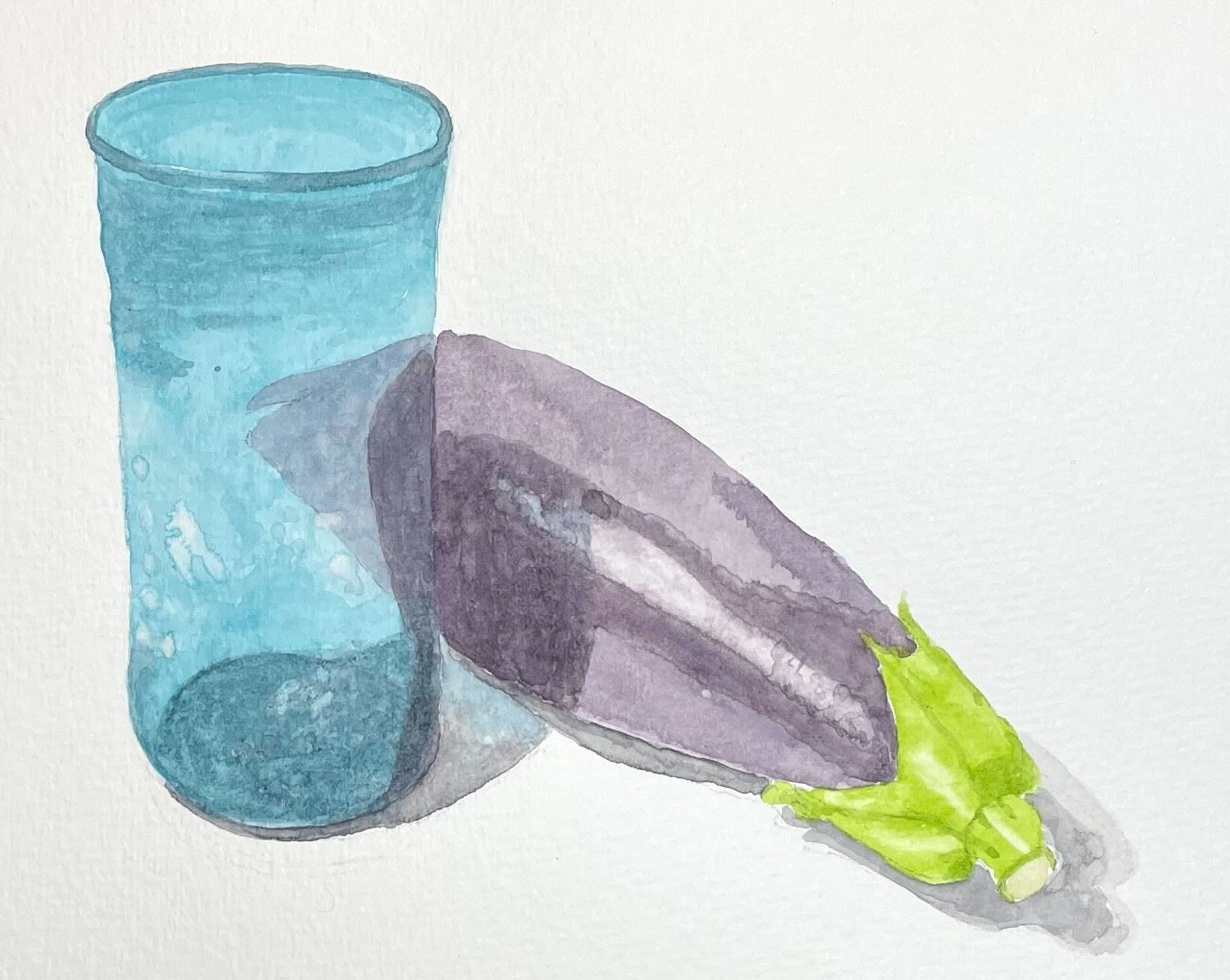 Watercolour sketch of a turquoise coloured glass and an aubergine