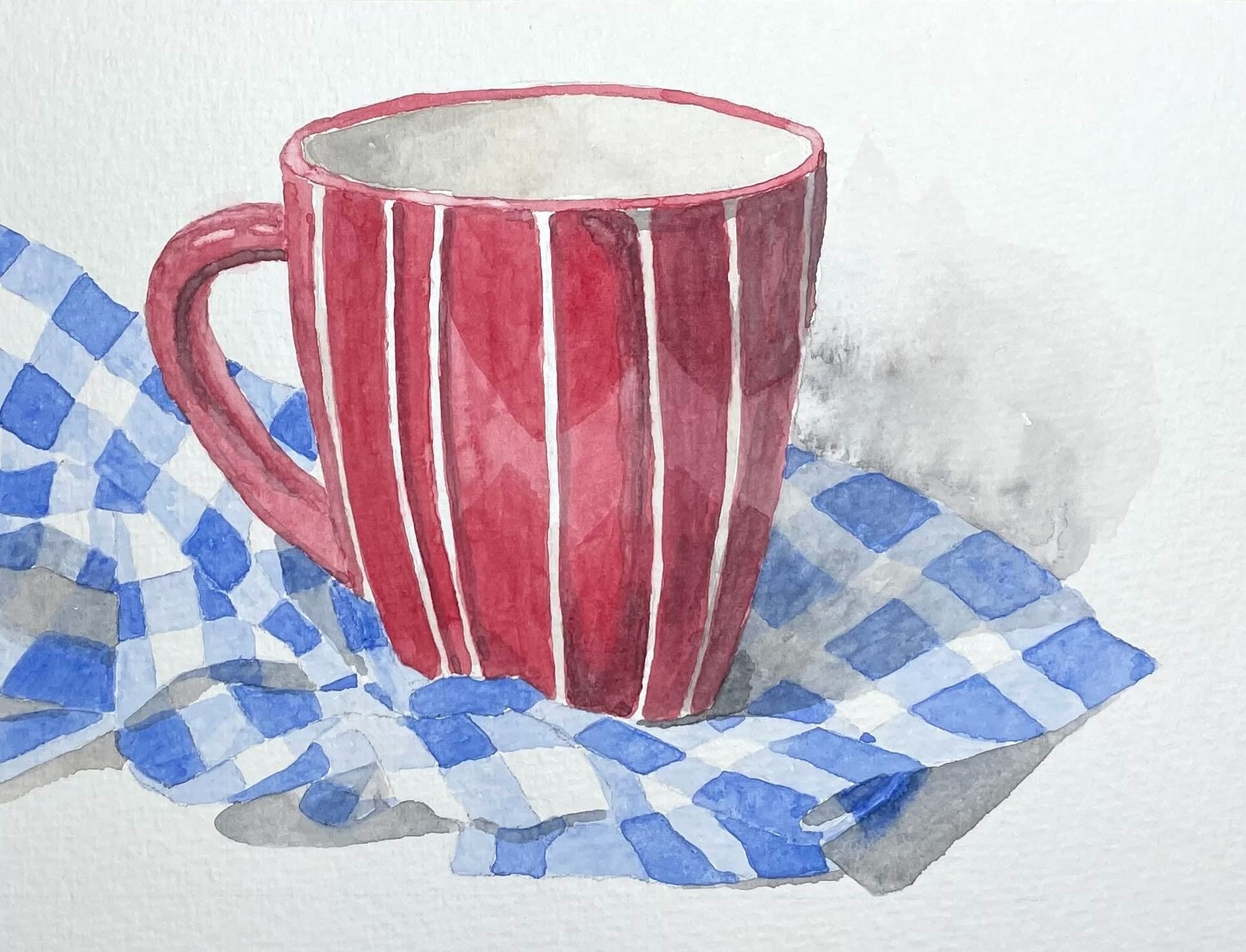 Watercolour sketch of a large red and white striped mug sitting on blue and white checked fabric