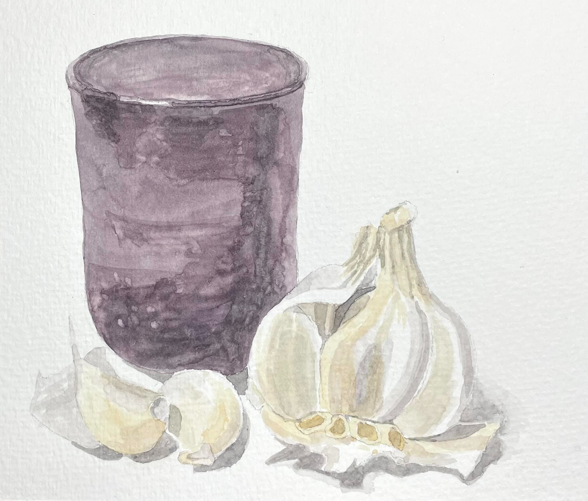 Watercolour sketch of a dark purple glass, half a garlic bulb and two garlic cloves