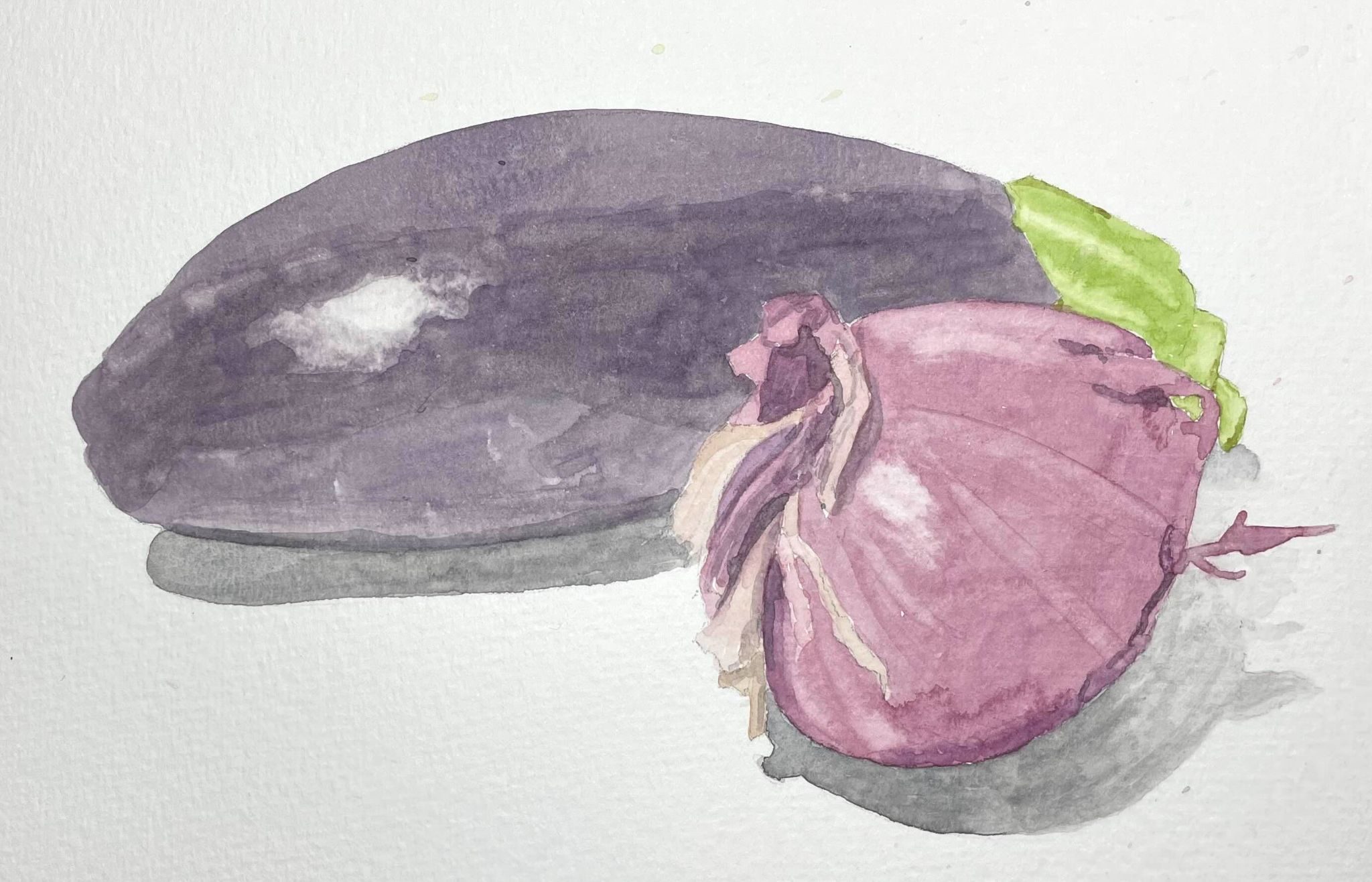 Watercolour sketch of an aubergine and a red onion