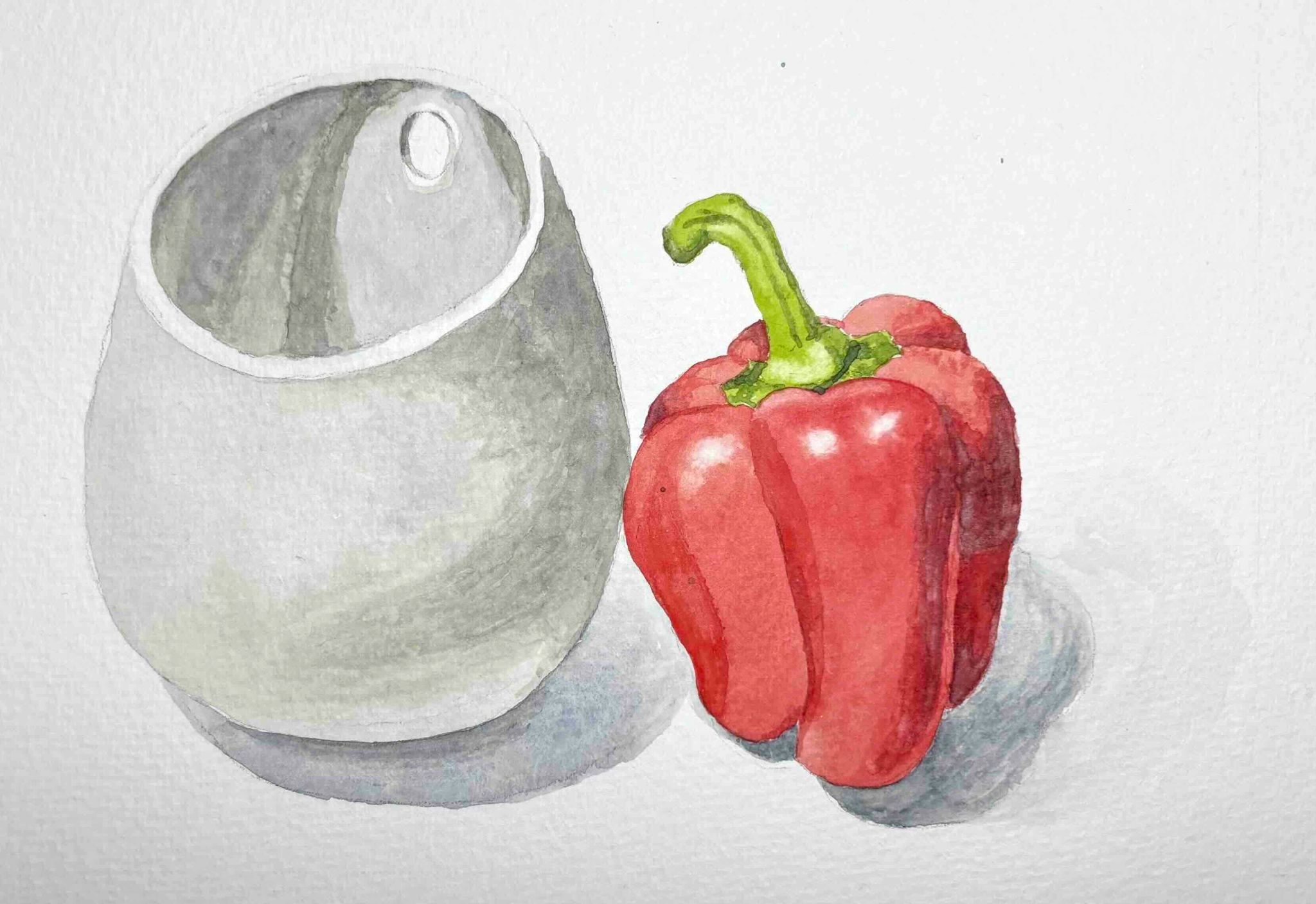 Watercolour sketch of a white ceramic pot and a red pepper