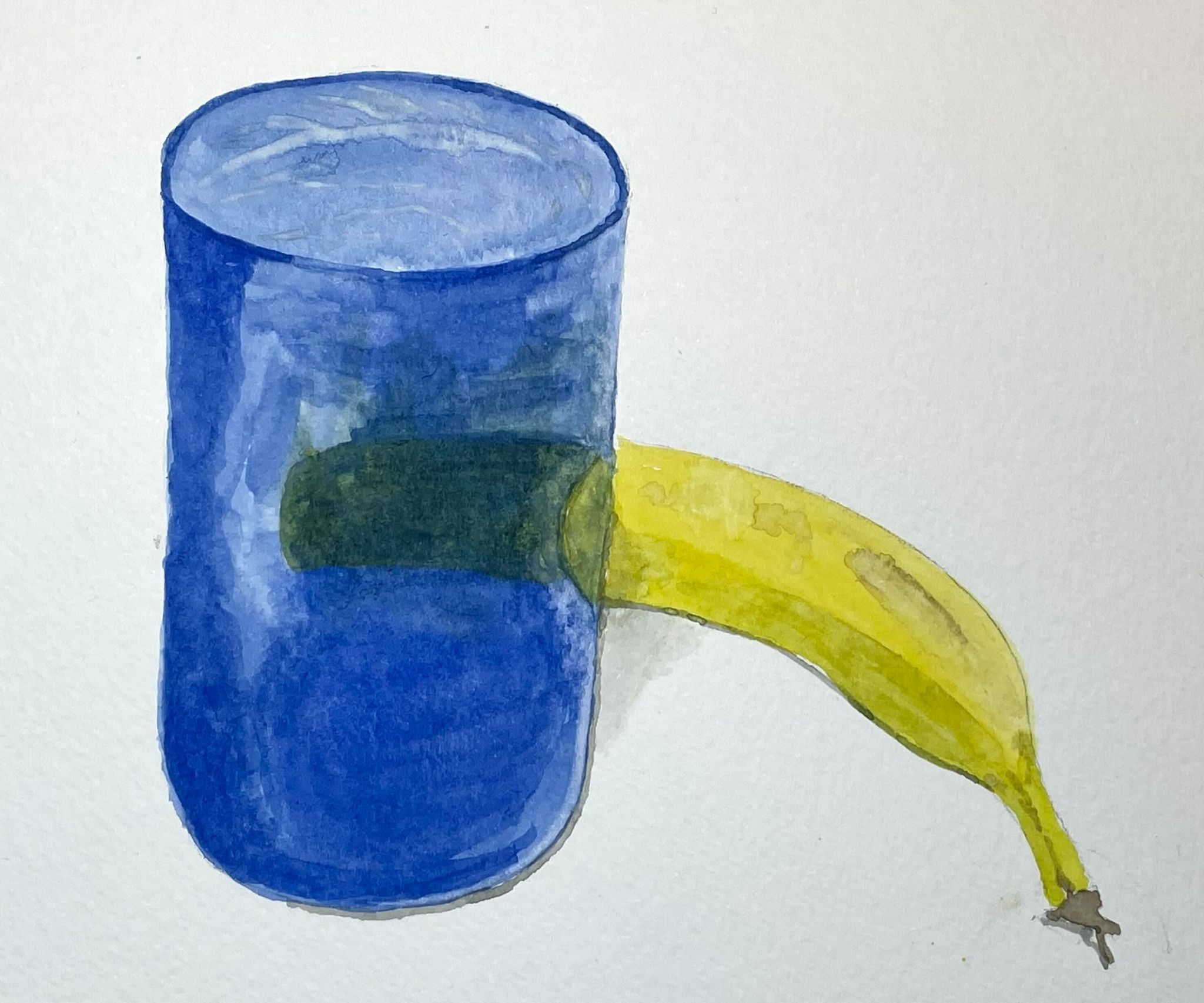 Watercolour sketch of a blue glass and a banana