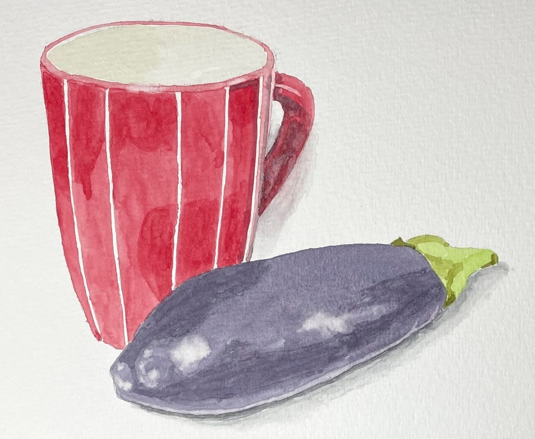 Watercolour sketch of a large red and white striped mug and an aubergine