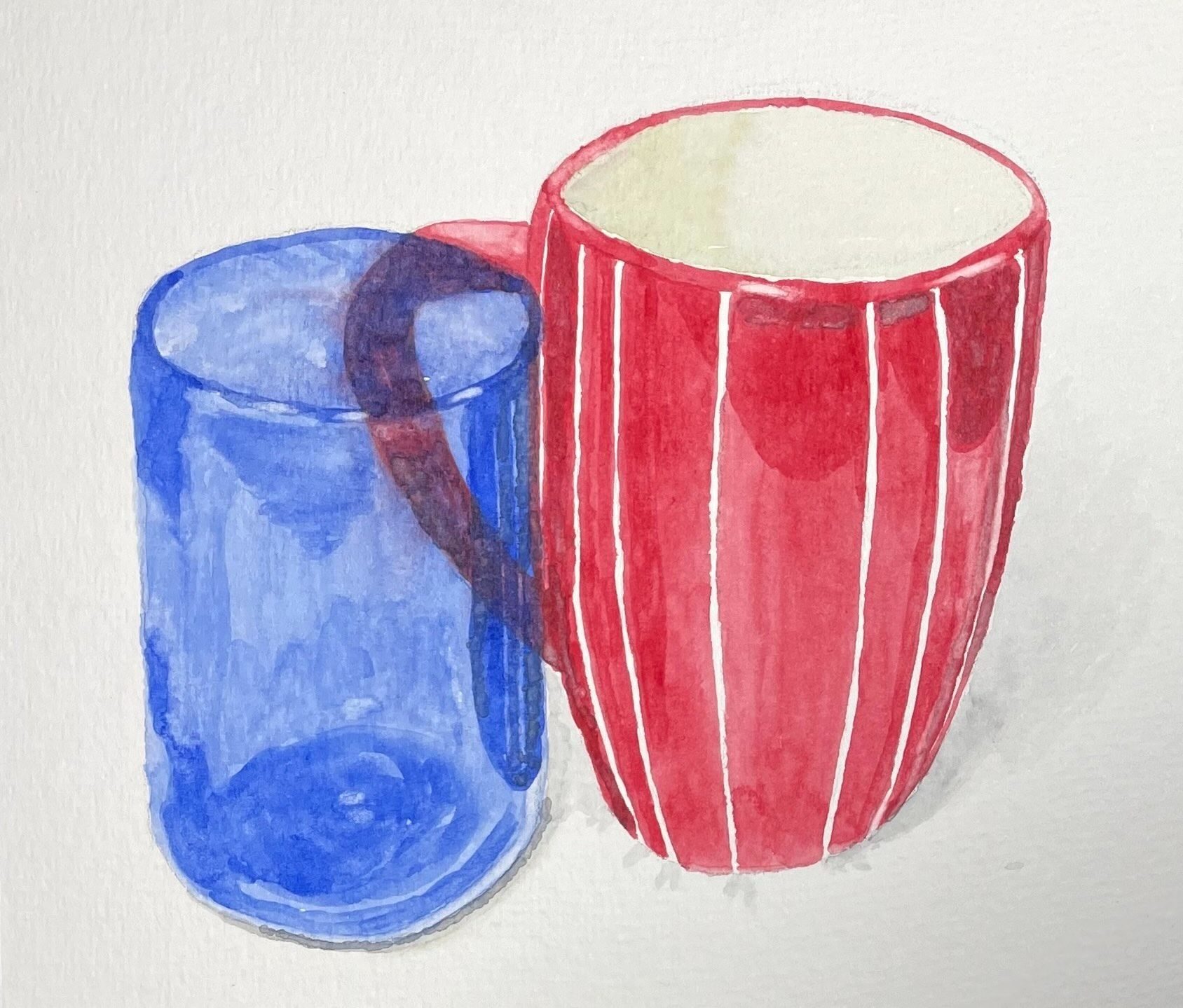 Watercolour sketch of a blue glass and a large red and white striped mug