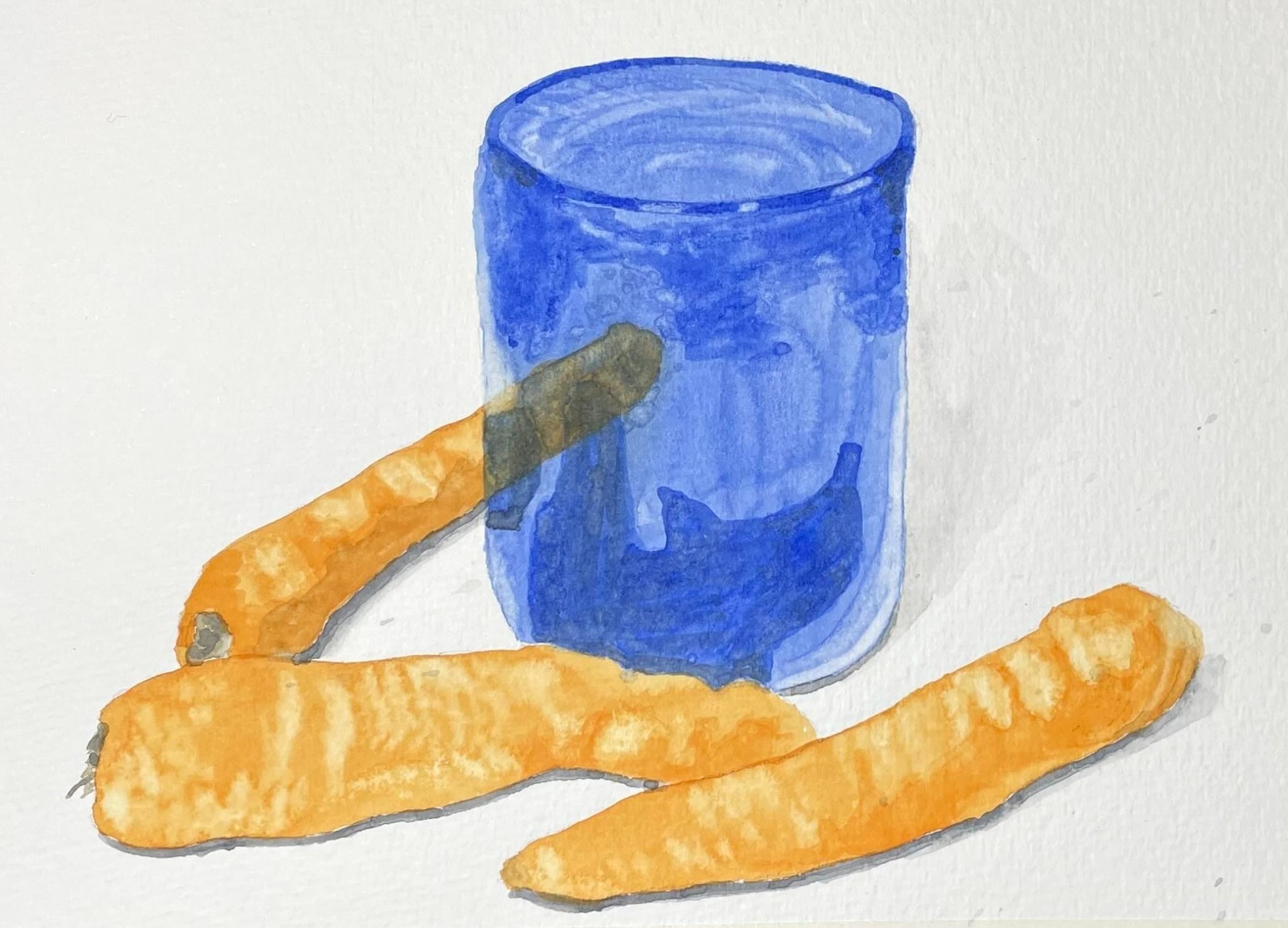 Watercolour sketch of a blue glass and three carrots