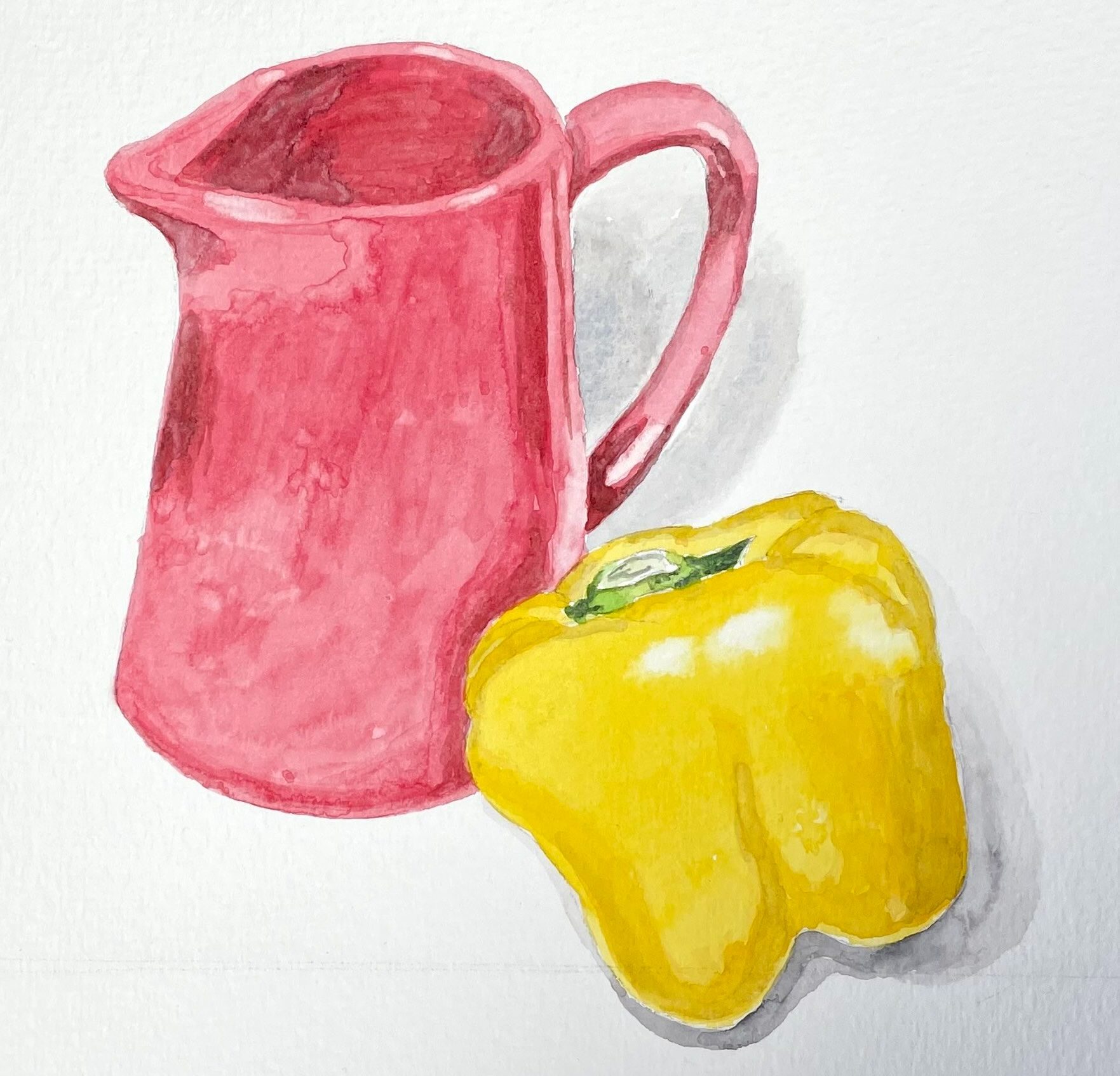 Watercolour sketch of a small red jug and a yellow pepper