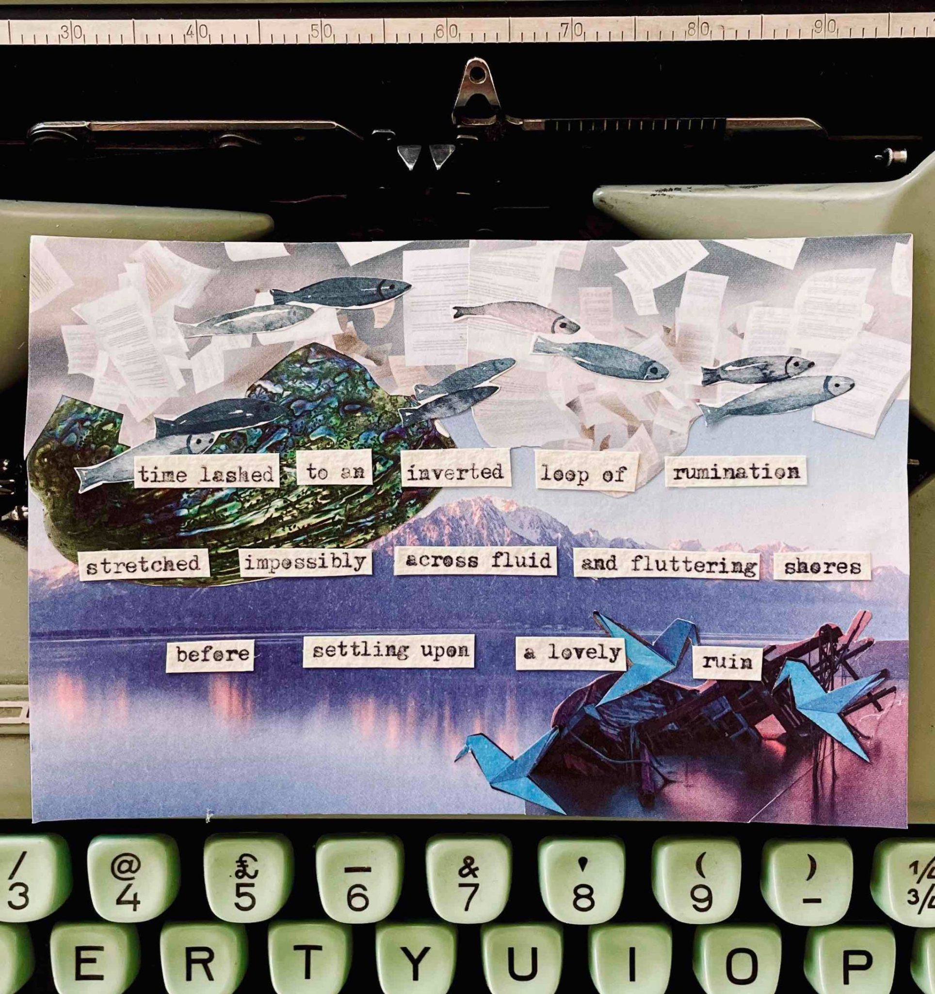 a collage of a sinking ship and some fish in the sky