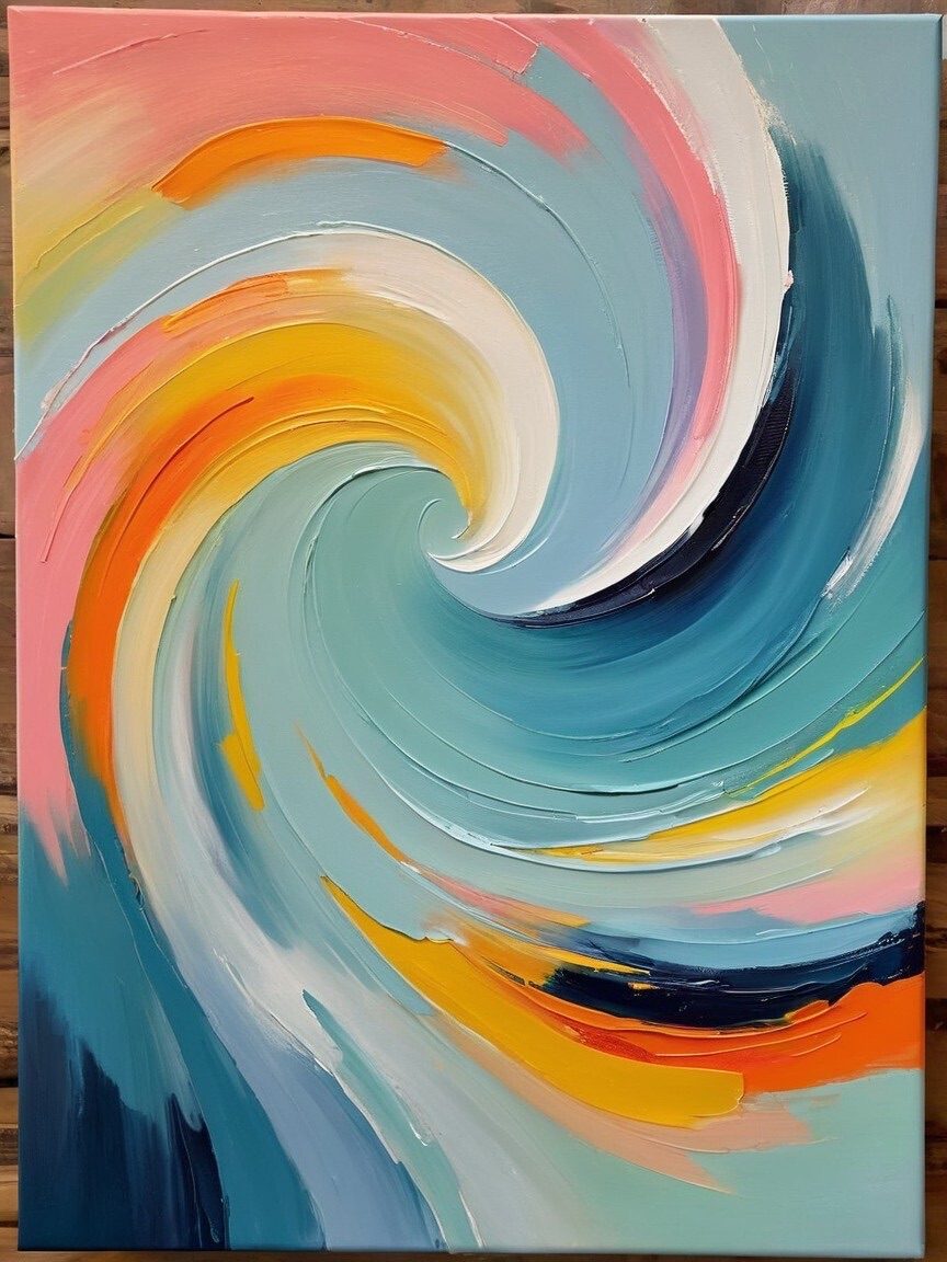 An abstract oil painting featuring a swirl with bold colours