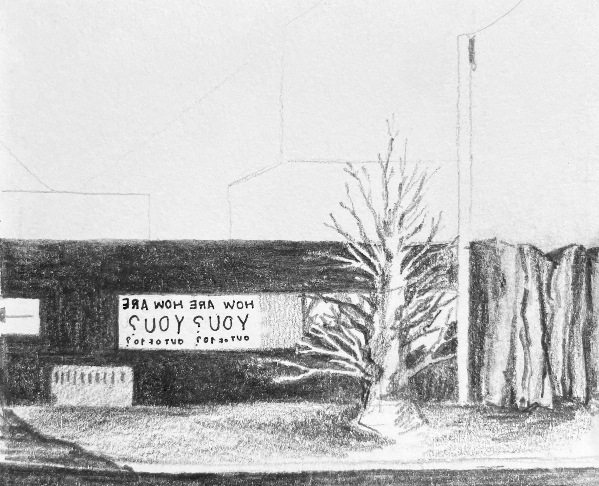 pencil drawing of graffiti sign saying how are you? out of 10? but written backwards and arrows pointing left, a tree growing and the wall on the right folding like paper.