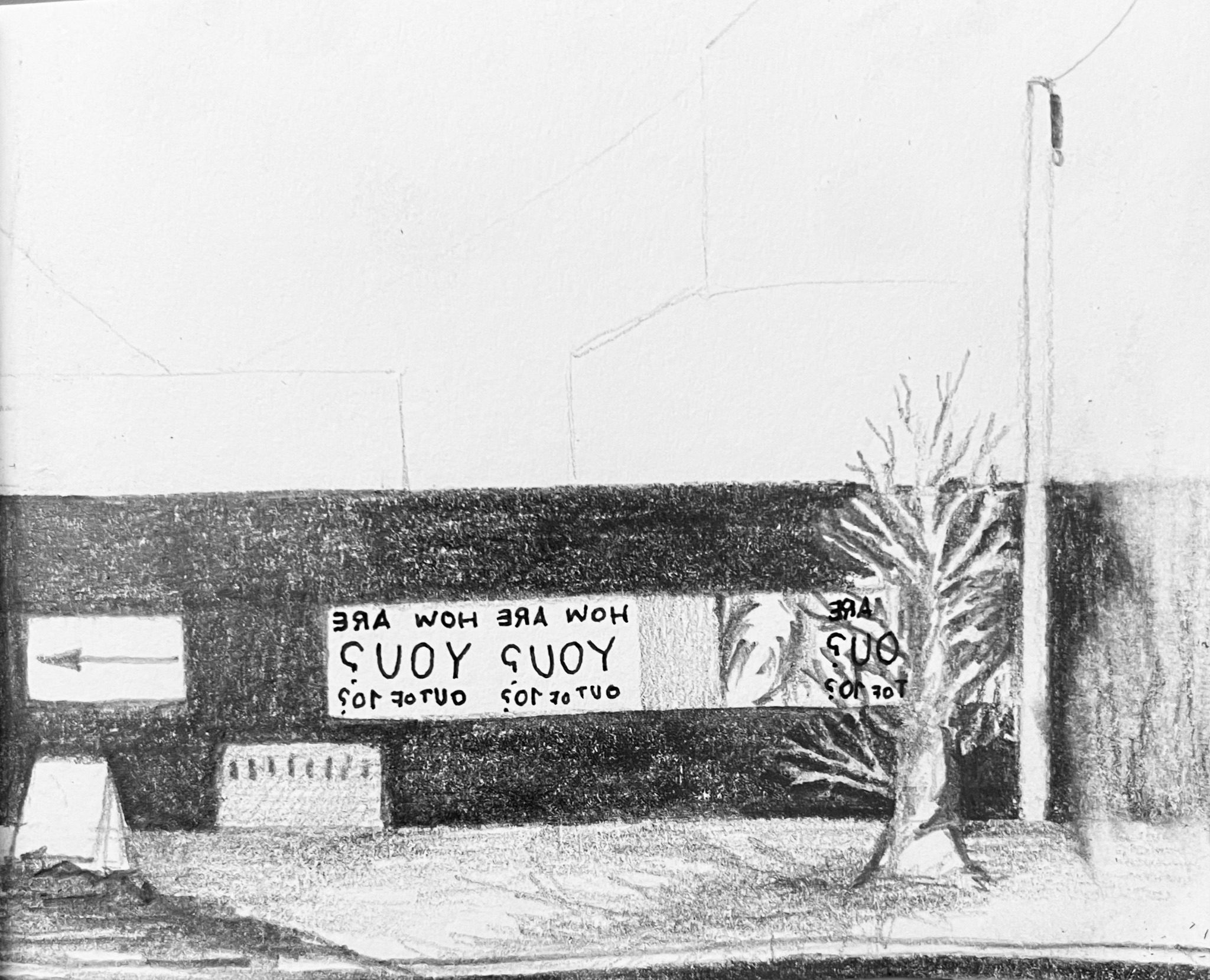 pencil drawing of graffiti sign saying how are you? out of 10? but written backwards and arrows pointing left, a tree growing