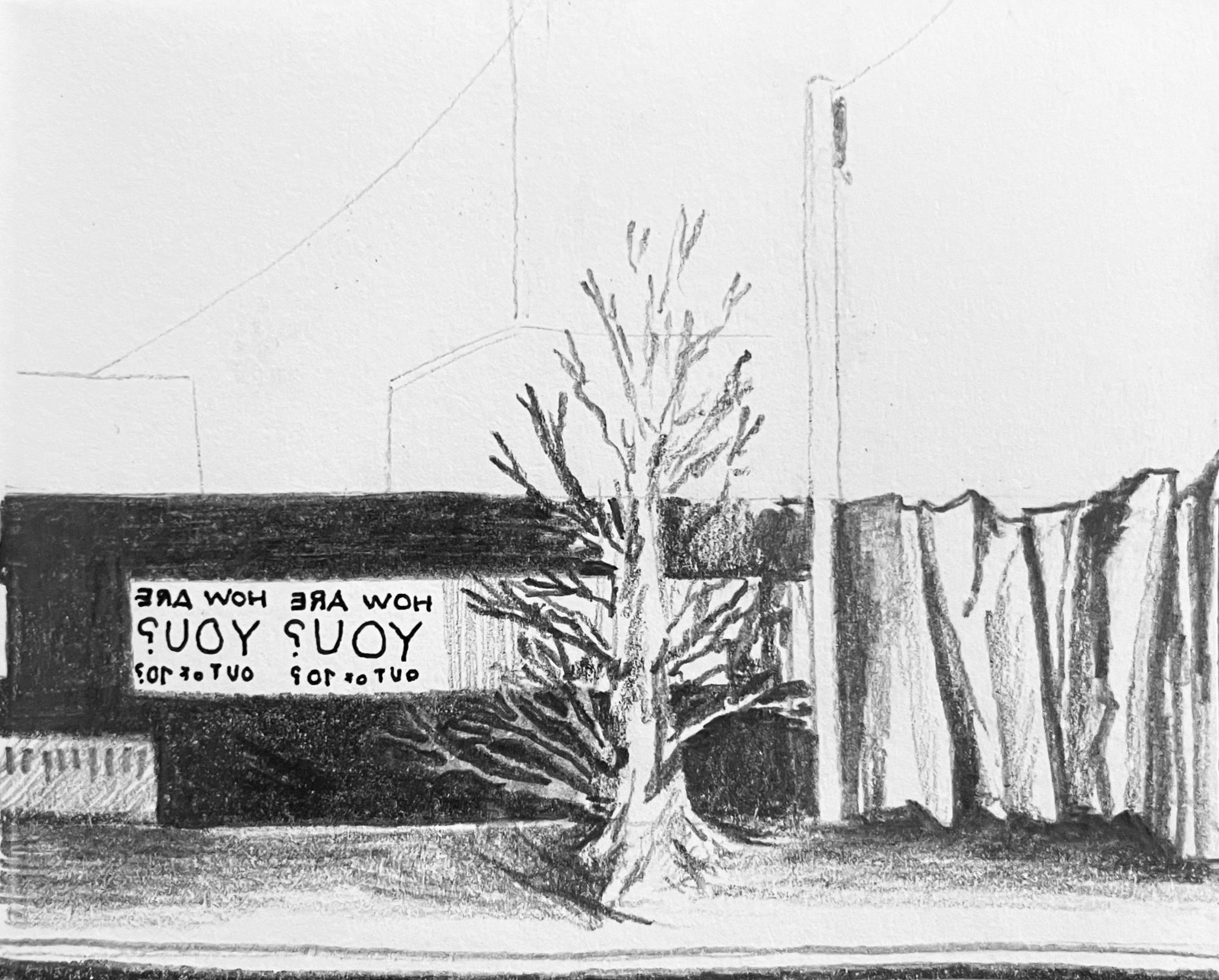 pencil drawing of graffiti sign saying how are you? out of 10? but written backwards and arrows pointing left, a tree growing and the wall on the right folding like paper.