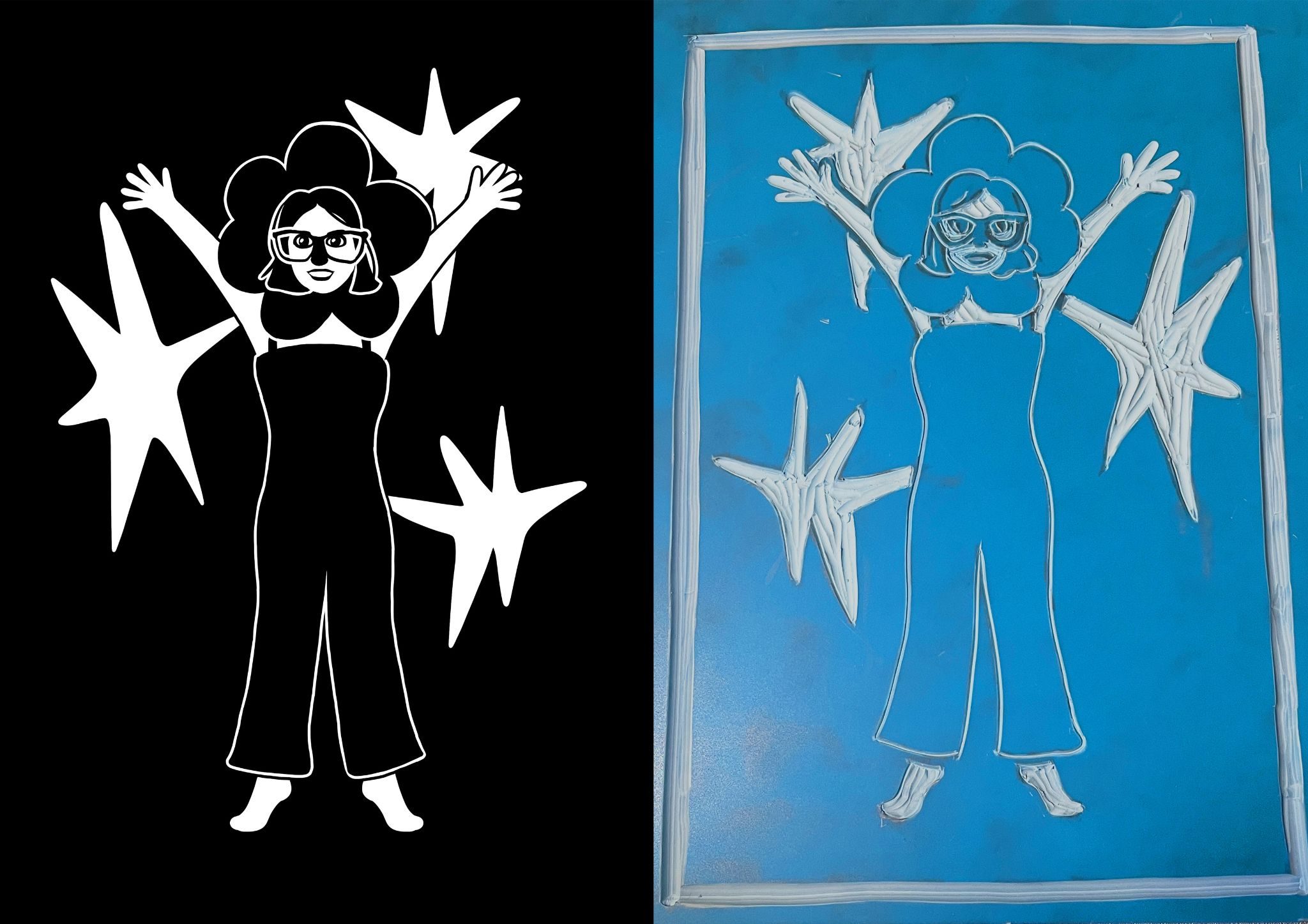 Comparison of a black and white digital drawing and linocut of the same design, a girl with flower petals around her head, standing in front of stars.