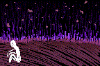 A scribbly dark purple blackground, a person in white outline sits with his back to the frame, pink pebbles pile up, he picks 1 up and throws it, kicks another, and then the rest of the pile collapses