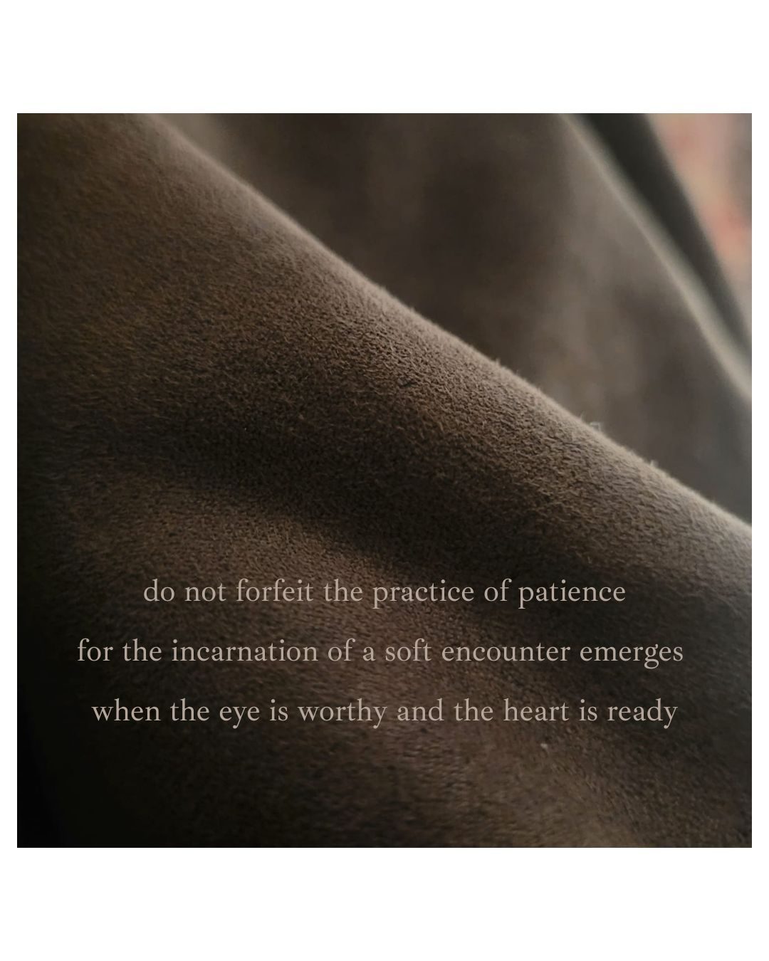 a photograph of a brown blanket with a poem overlaid: do not forfeit the practice of patience for the incarnation of a soft encounter emerges  when the eye is worthy and the heart is ready