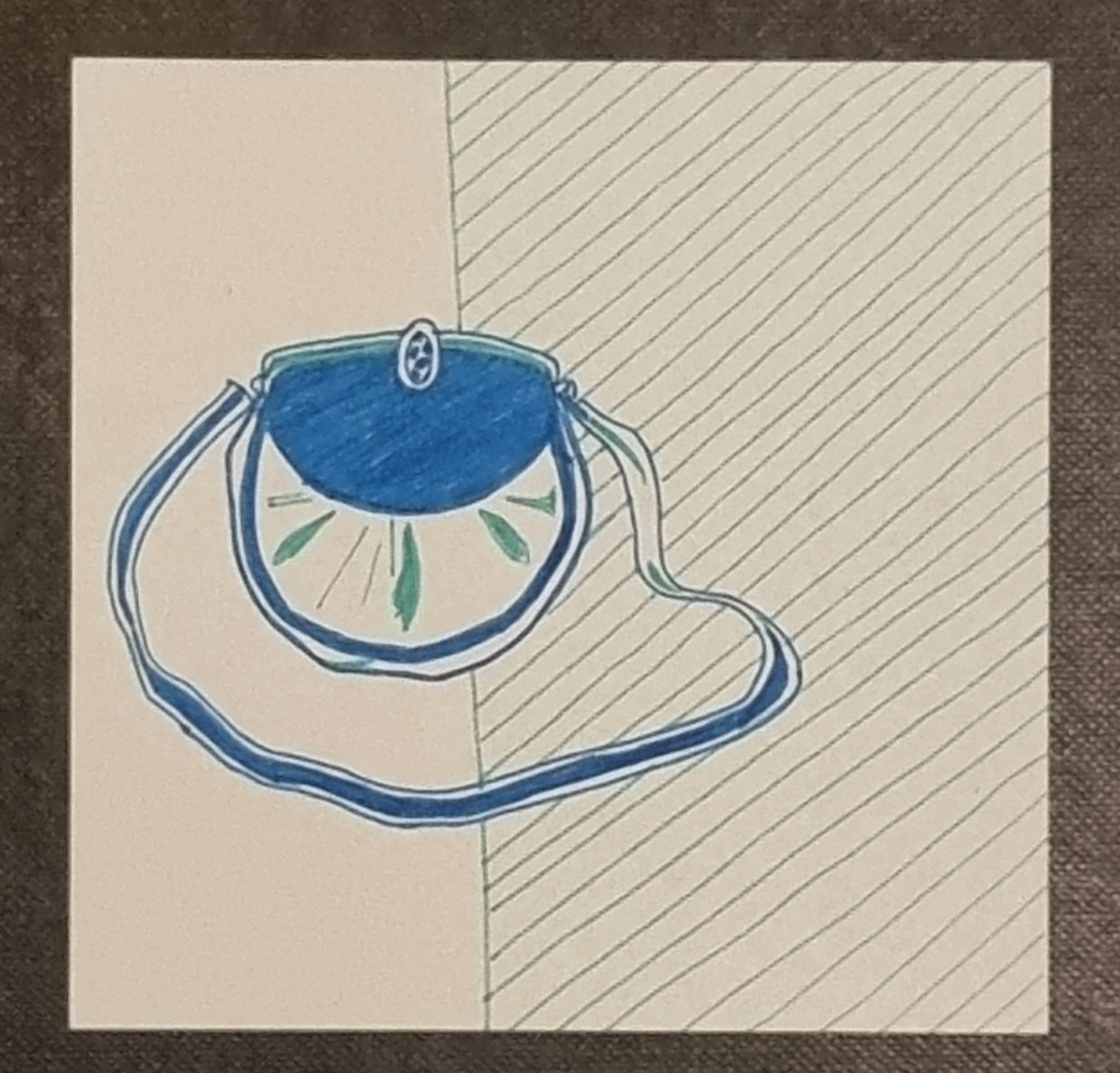 High contrast ink drawing in white, blue and aqua, of round handbag with long strap with diagonal striped freehand background.