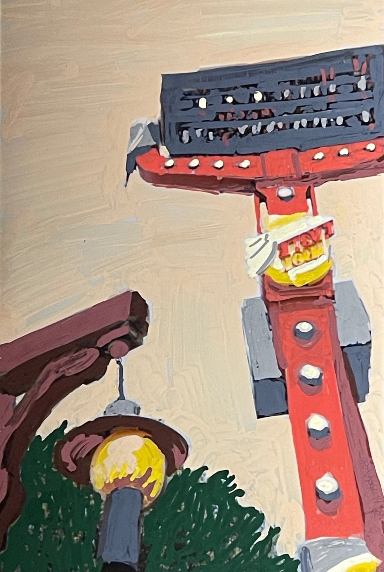 Fairground ride with street lamp in foreground. Posca on old photo.