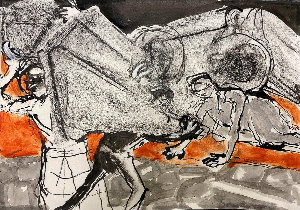 Frottage in graphite with indian ink drawing figures under folded rolled weights. All grey with a streak of orange across image