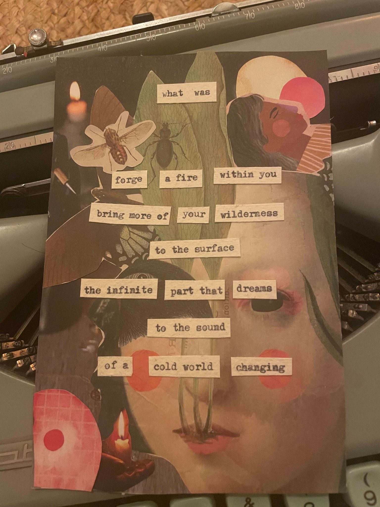 a collage of faces and flora and fauna with a type written poem stuck on it