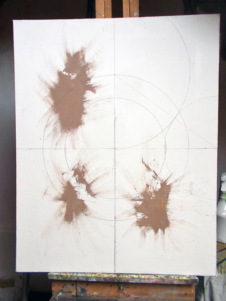 canvas on hardboard, with preparatory geometry beginnings, and splashes of taupe oil paint