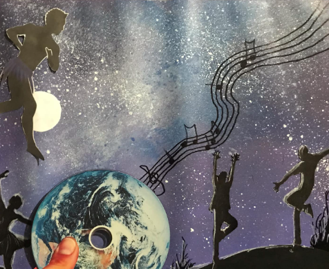 Figures dancing under a galaxy sky