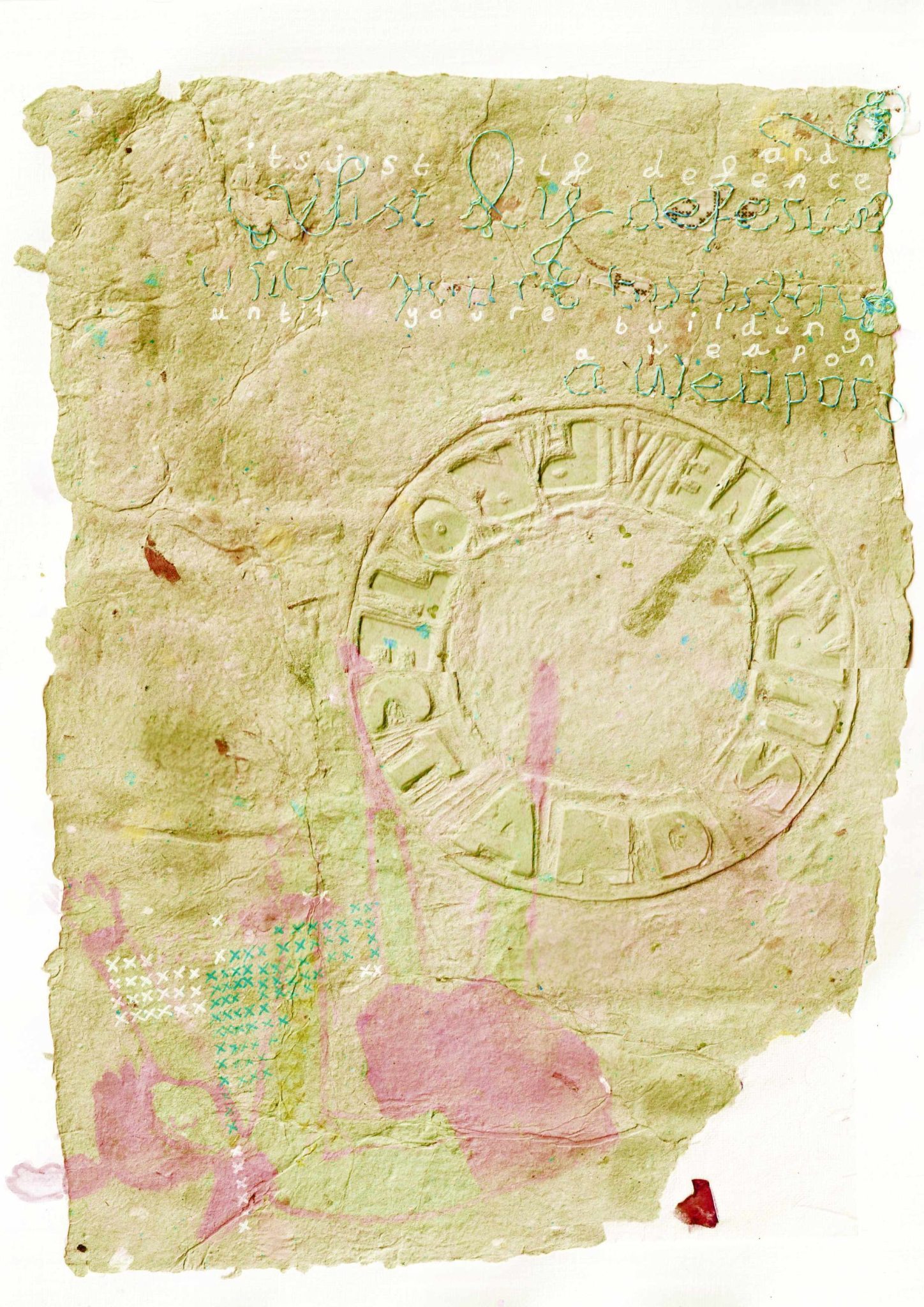 Home made paper with the protect and survive logo embossed in to it. The Charli XCX lyrics are above in embroidery and gel pen. Below is a painting of the falling girl from WOWAKA's Unhappy Refrain Album. The paper is green and the girls is in pink.