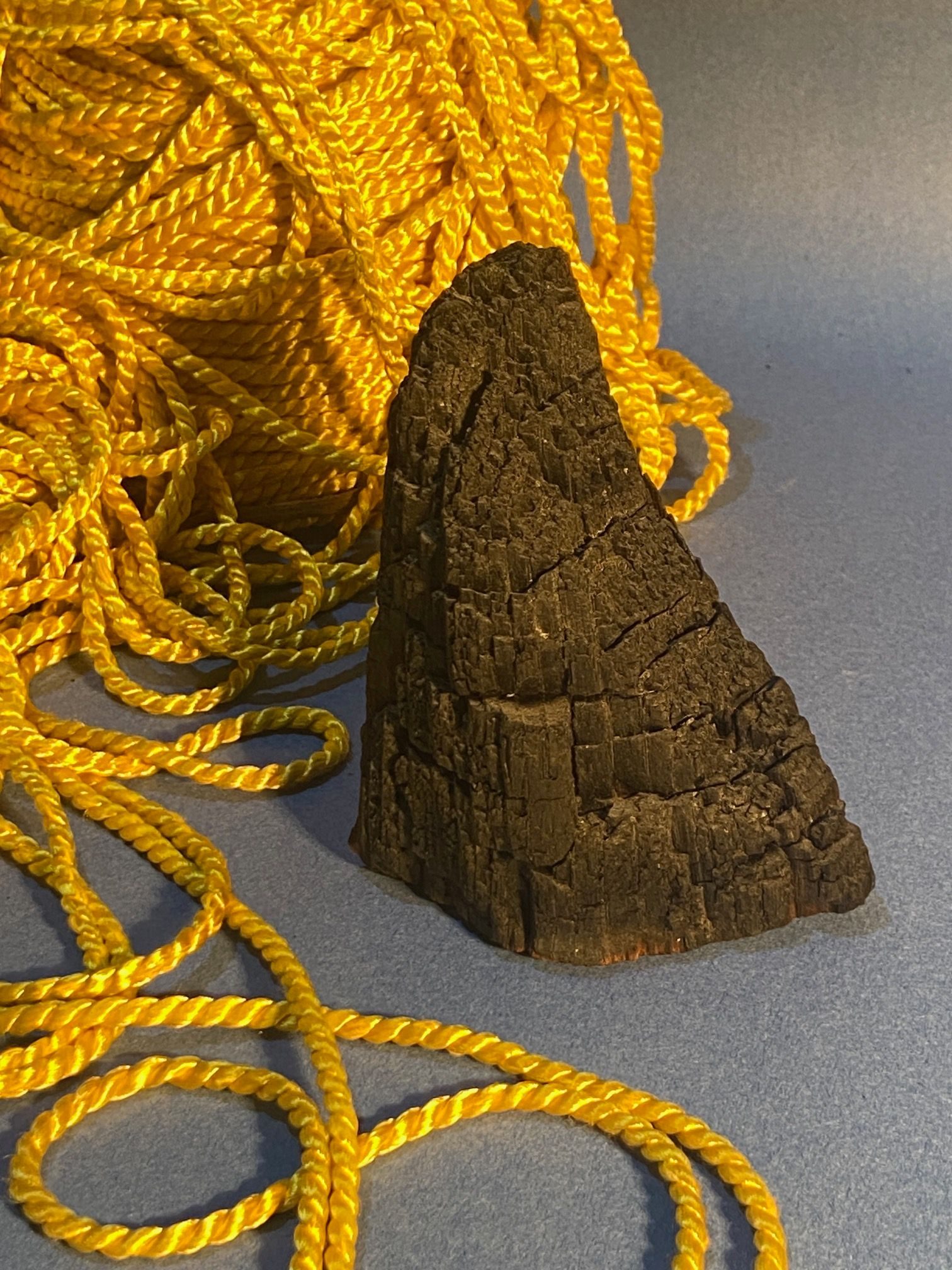 the mountain of gold cord has loosened itself in a conversation with burnt wood