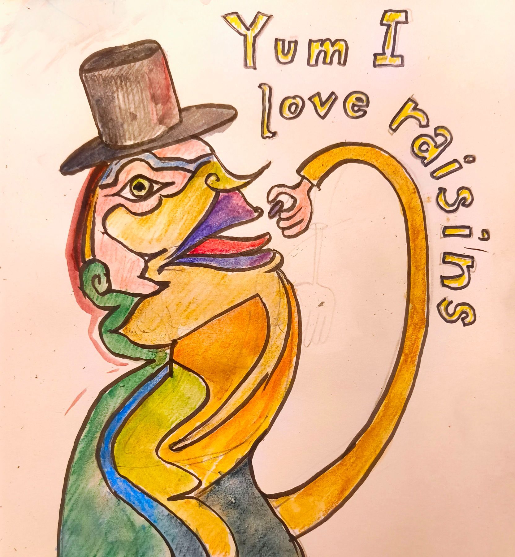 A coloured pencil drawing of a strange man eating a raisin