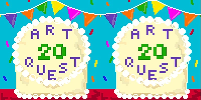 8-bit birthday cake illustrations with Artquest and 20 on it with colourful bunting and confetti around the cake.