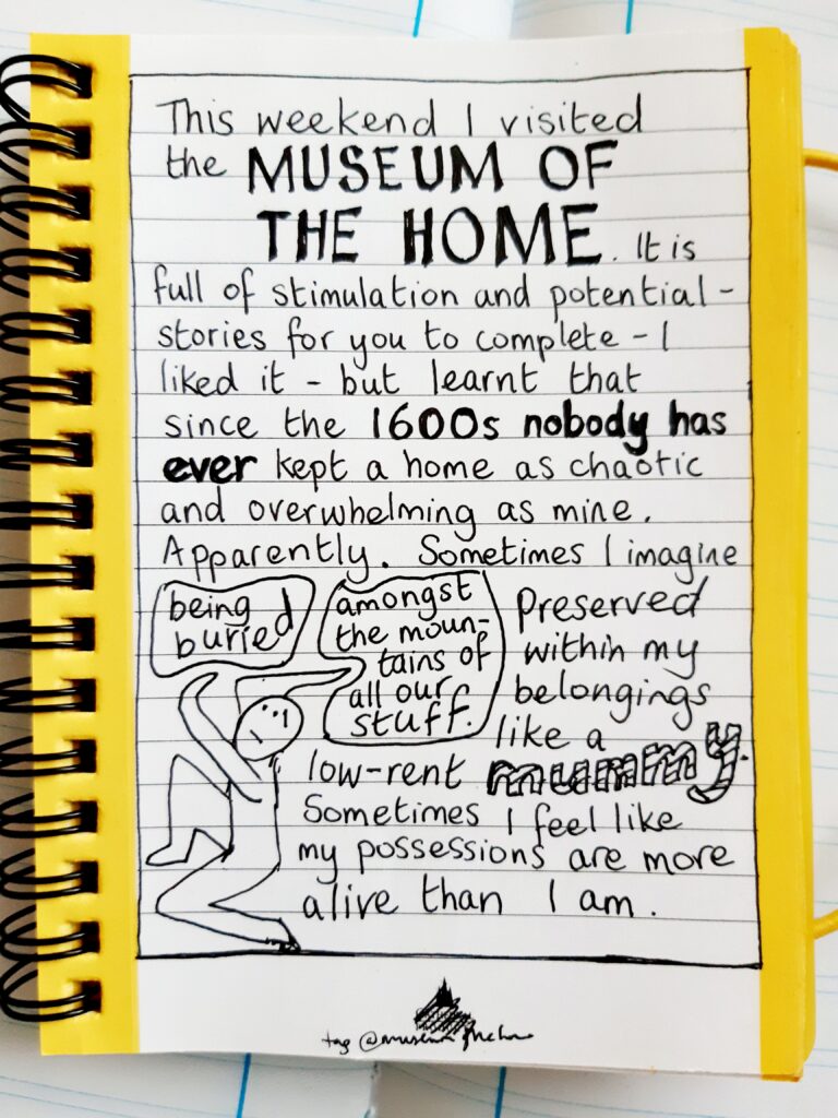 Photograph of a journal or sketch book page with writing and drawing