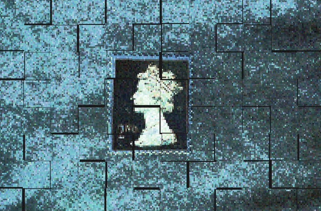 A pixelated stamp