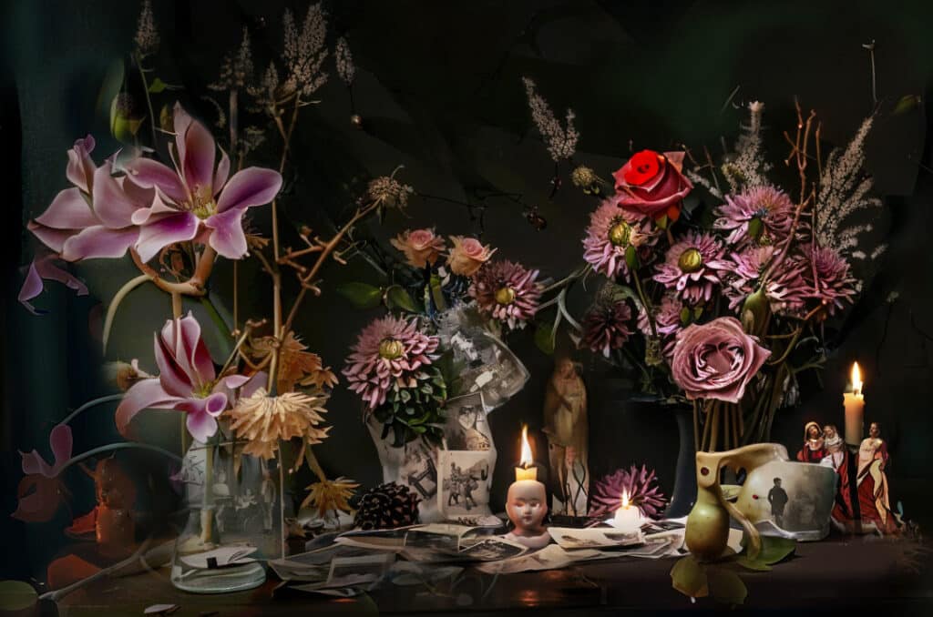 Photograph of a still life including flowers, candles and objects.