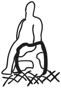 Here there is a digital line drawing of a person sat to the left-hand side, upon a large (big enough to sit on like a chair) egg with splodges. The egg rests upon a nest. 
The colour scheme is black and white.