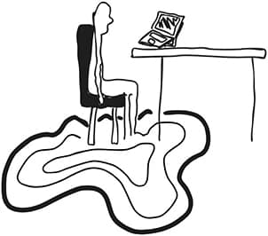 There is a scene observing a line drawing of a person looking at a computer on a table, with their arms by their side, looking let down. The feet of the person touching the ground are melting into the carpet which is a splat-like shape. 
The style of the illustration is digitally hand drawn and is black and white.