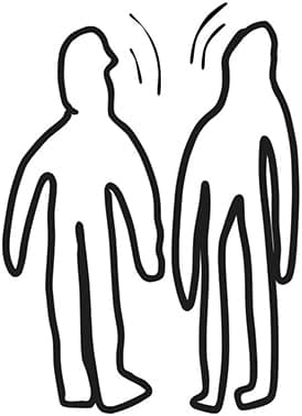 Here there are two line drawn people who look similar but different proportions. They are facing each other and are talking. This is represented by curved lines in the air near their faces. 
The colour scheme is black and white.