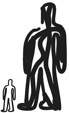 A small outline of a standing person is shadowed by a larger copy of the same outline of a person but much larger and coloured in.
The colour scheme is black and white.